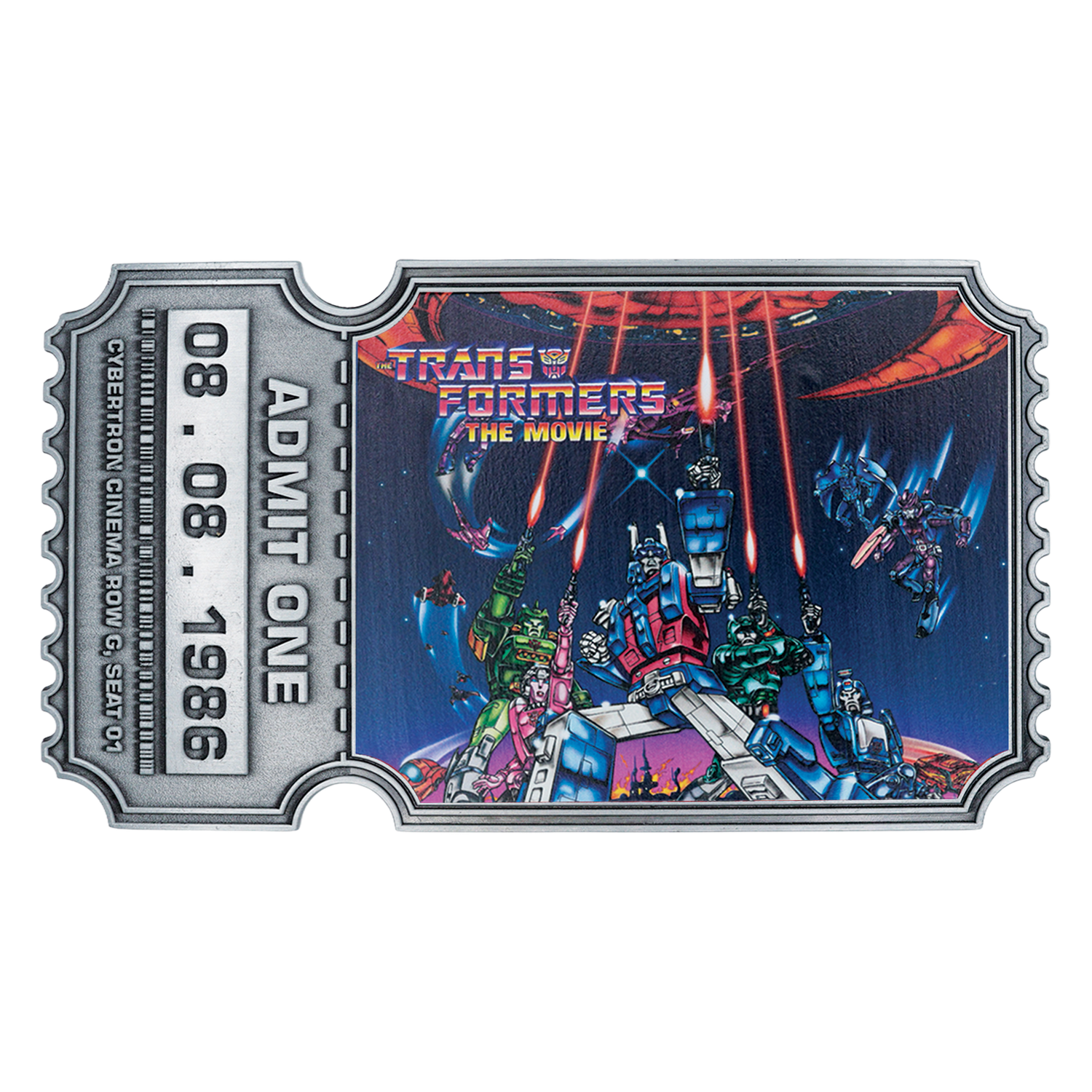 Entrada coleccionable de metal de The Transformers The Movie con una escena de batalla y la fecha 08.08.1986.