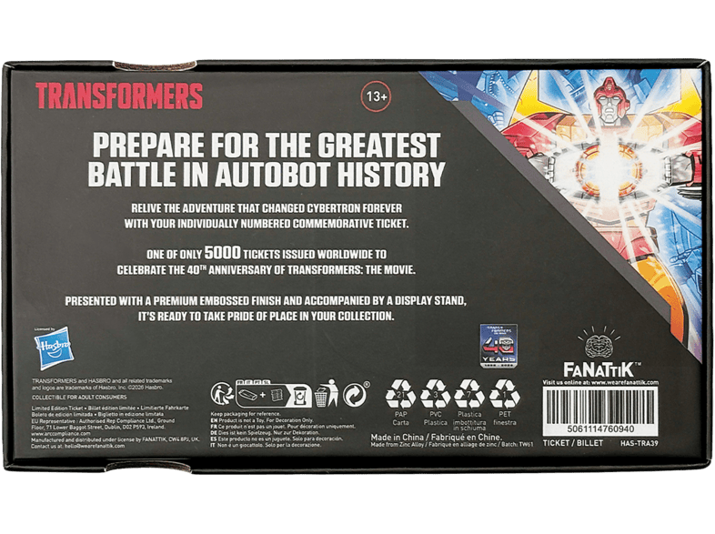 Accesorio - FaNaTtik Transformers: The Movie. Limited Edition 40th Anniversary Metal Replica Movie Ticket