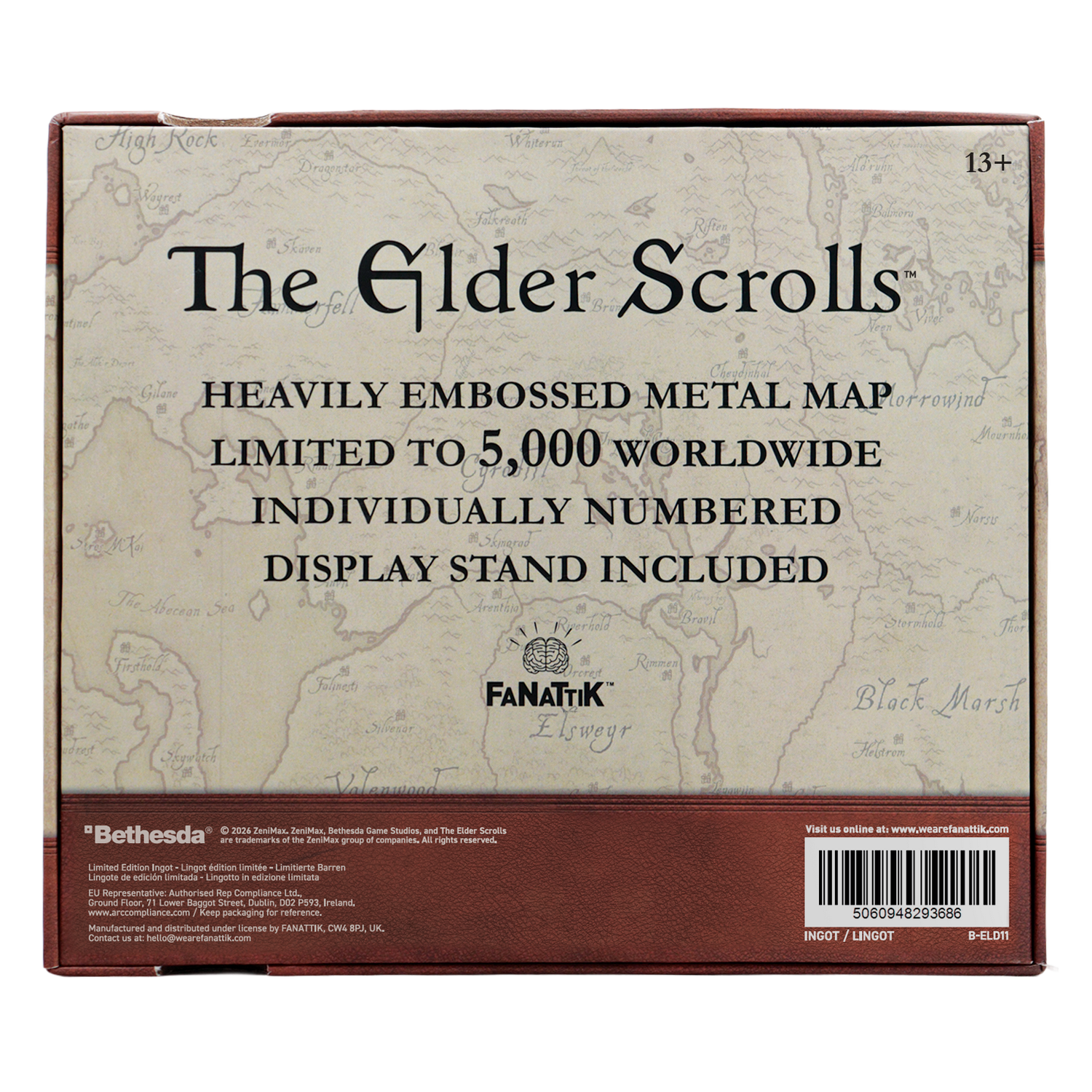 Parte trasera del embalaje del mapa de metal The Elder Scrolls con fondo y texto.