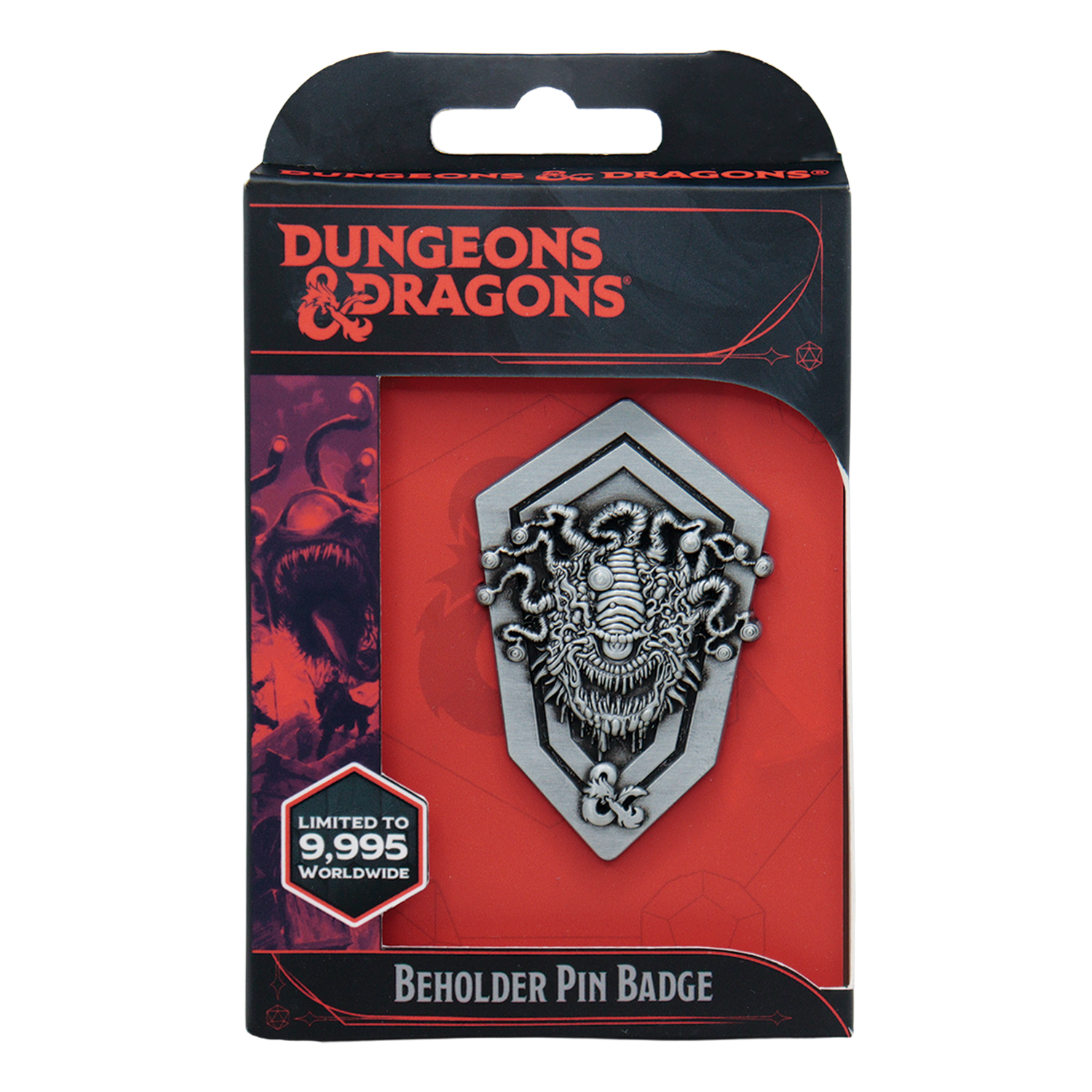 Pin de Beholder de Dungeons & Dragons en caja de coleccionista negra y roja con texto Beholder Pin Badge.