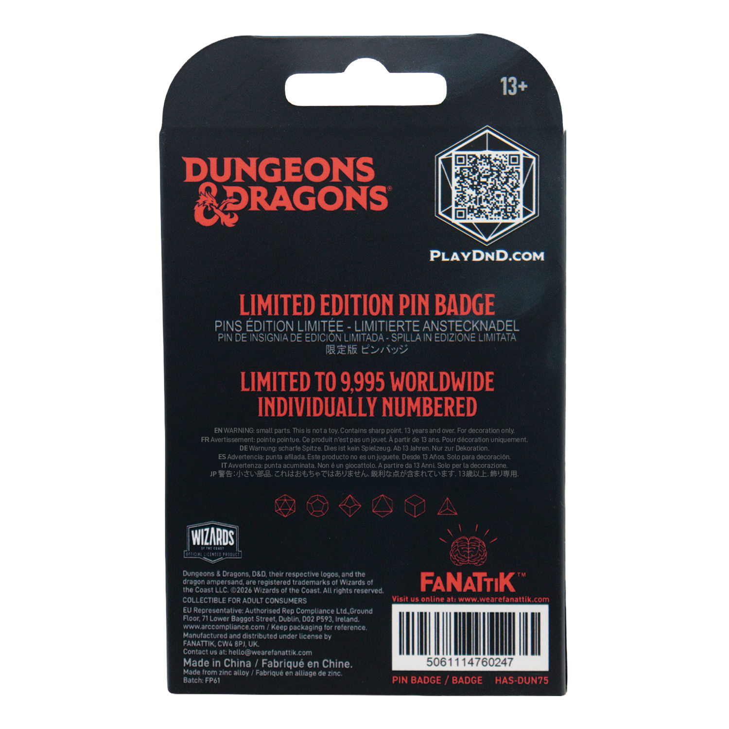 Parte trasera de un empaque de pin de Dungeons & Dragons con texto rojo y código de barras.