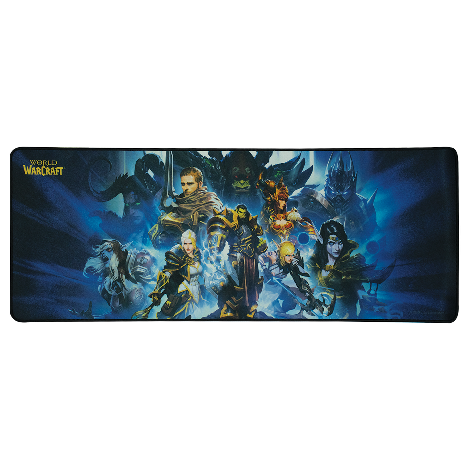 Alfombrilla World of Warcraft con varios personajes de fantasía y héroes en una composición azul.