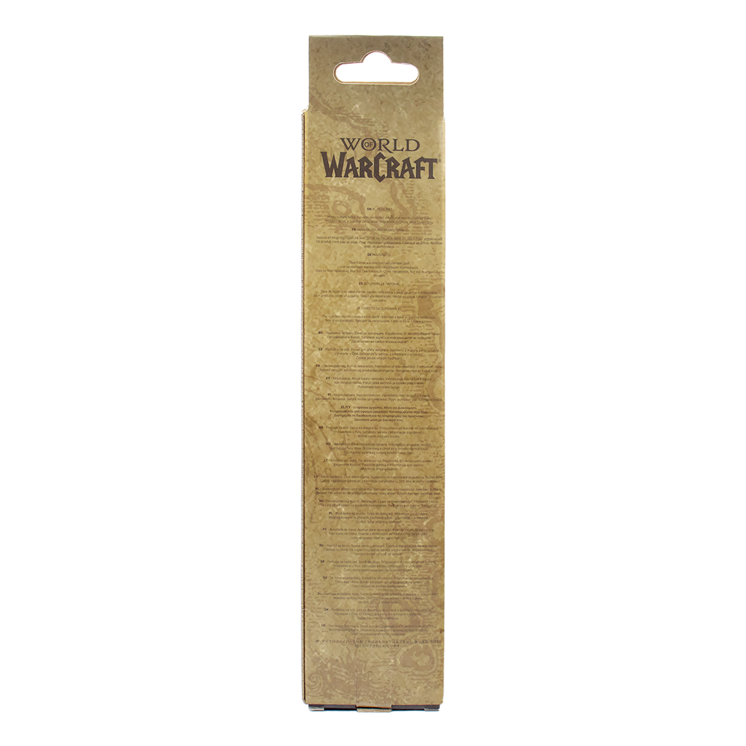 Caja de embalaje de alfombrilla de escritorio World of Warcraft con texto en varios idiomas.