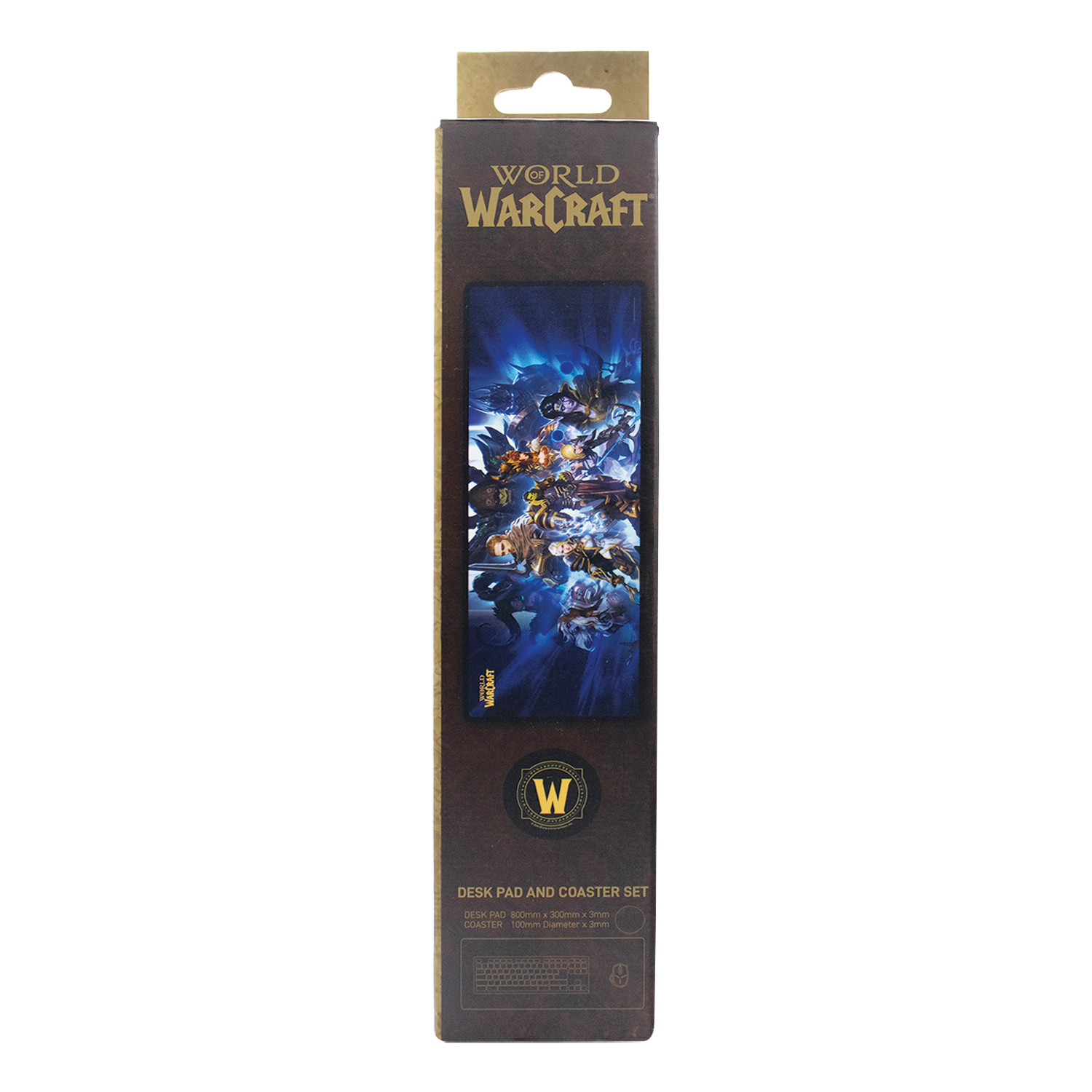 Embalaje de un juego de alfombrilla de escritorio y posavasos de World of Warcraft sobre fondo negro.