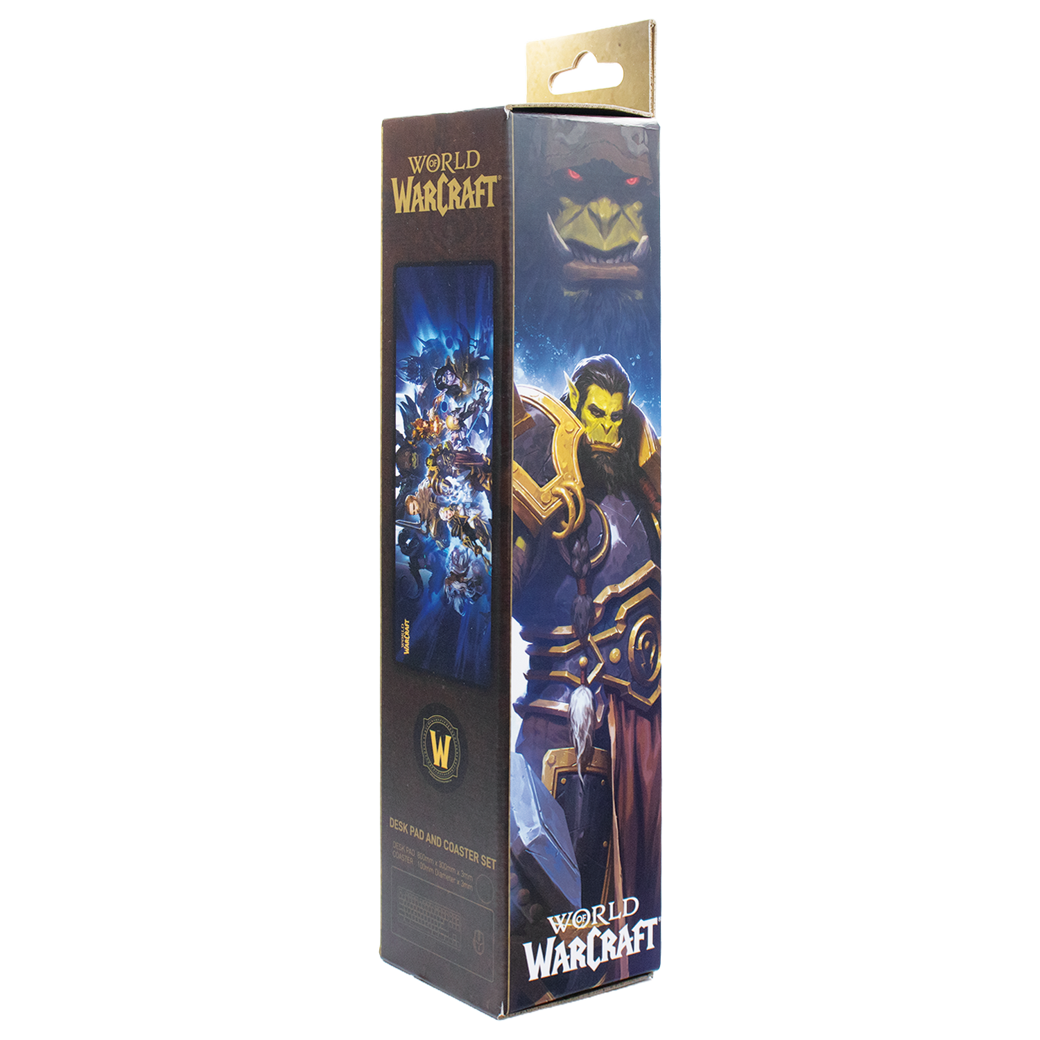 Caja de alfombrilla de escritorio y posavasos de World of Warcraft con un orco.
