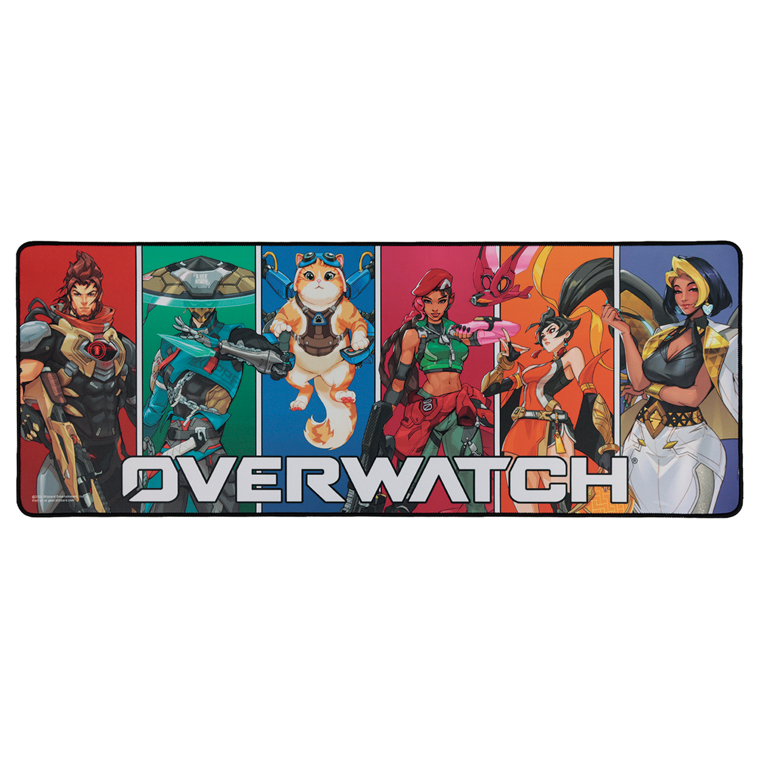 Un tapete de escritorio de Overwatch muestra seis paneles de personajes con el logotipo en la parte inferior.