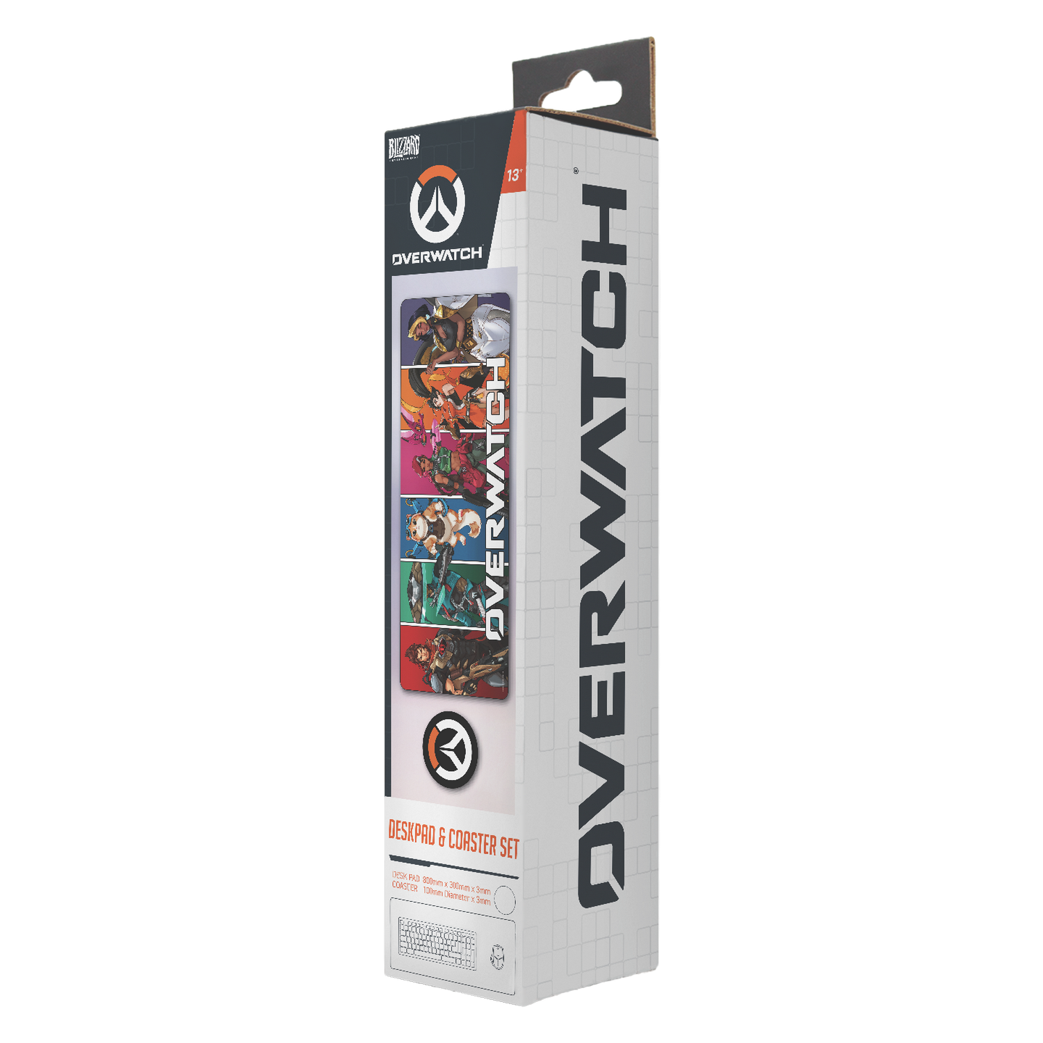 Caja de cartón vertical para un juego de alfombrilla y posavasos de Overwatch, con arte de personajes.