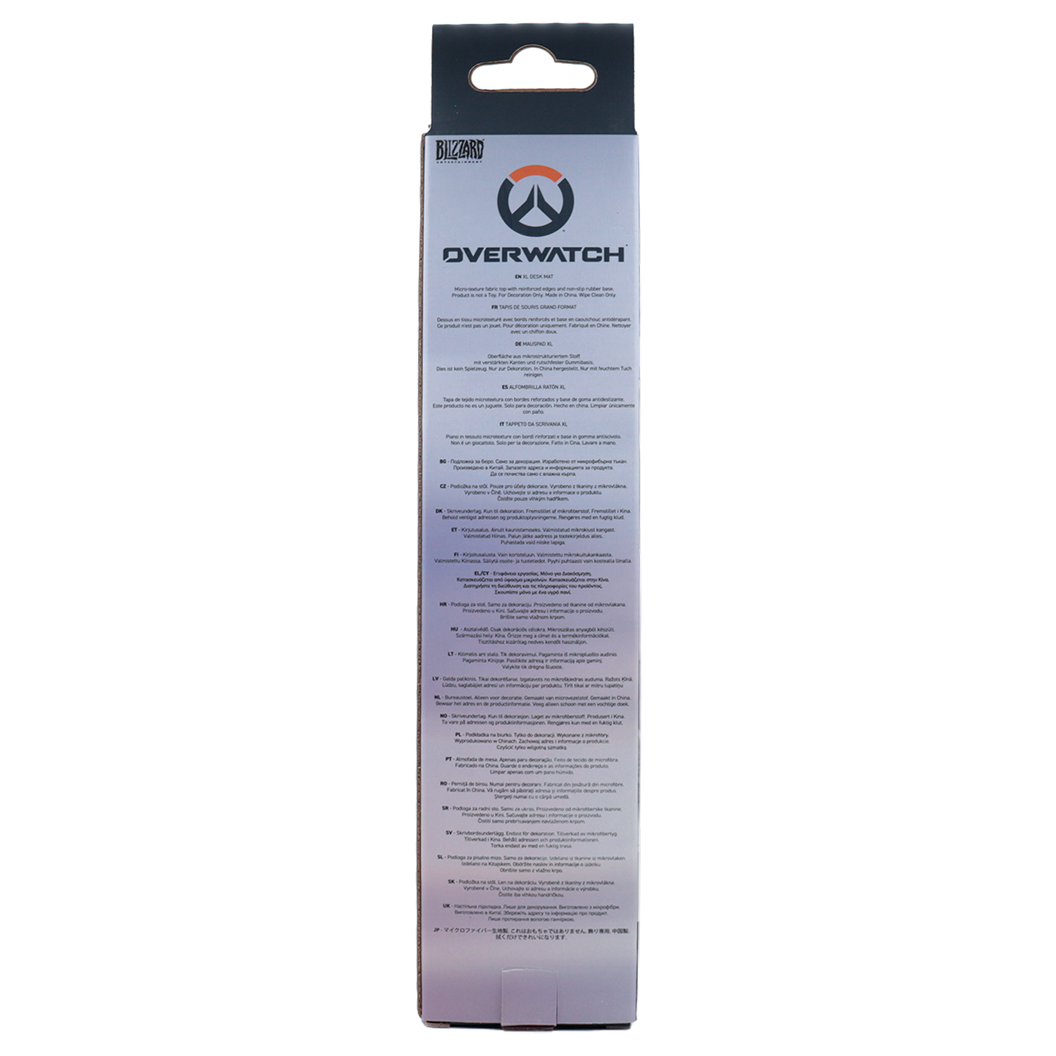 Embalaje de una alfombrilla de escritorio Overwatch XL con detalles del producto en varios idiomas.