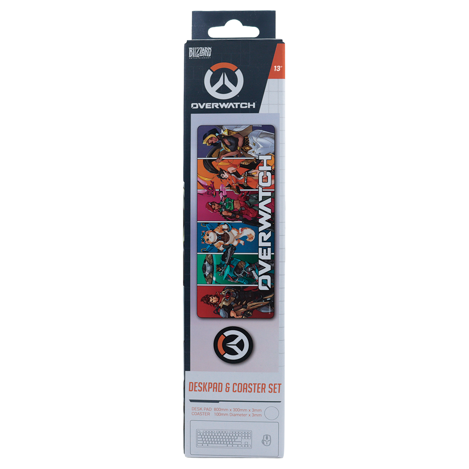 Set de alfombrilla de escritorio y posavasos de Overwatch en empaque negro y naranja.