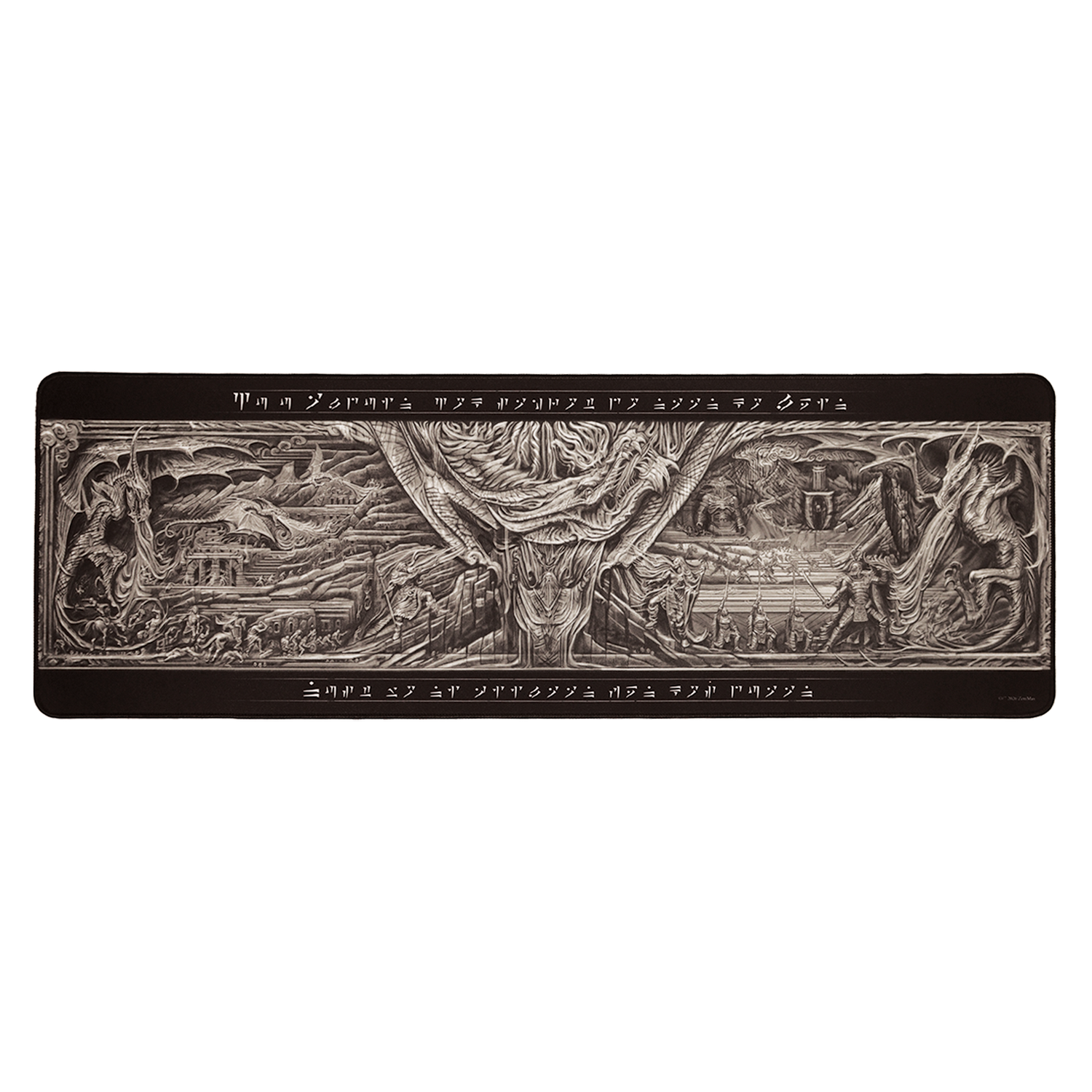 Un relieve grabado y detallado con dragones, guerreros y escenas de fantasía, enmarcado por runas místicas.