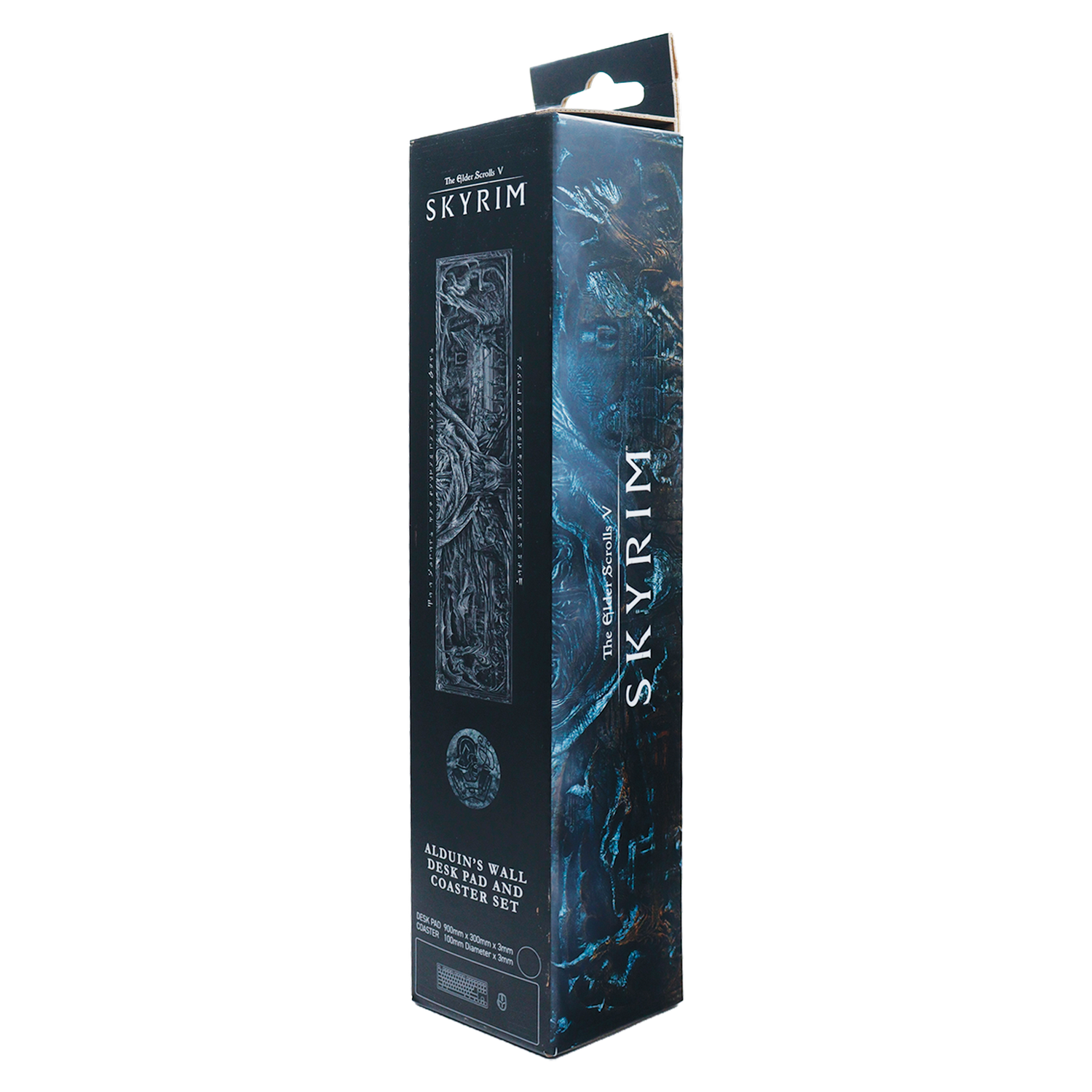 Empaque negro del juego de alfombrilla y posavasos Skyrim Alduin's Wall.