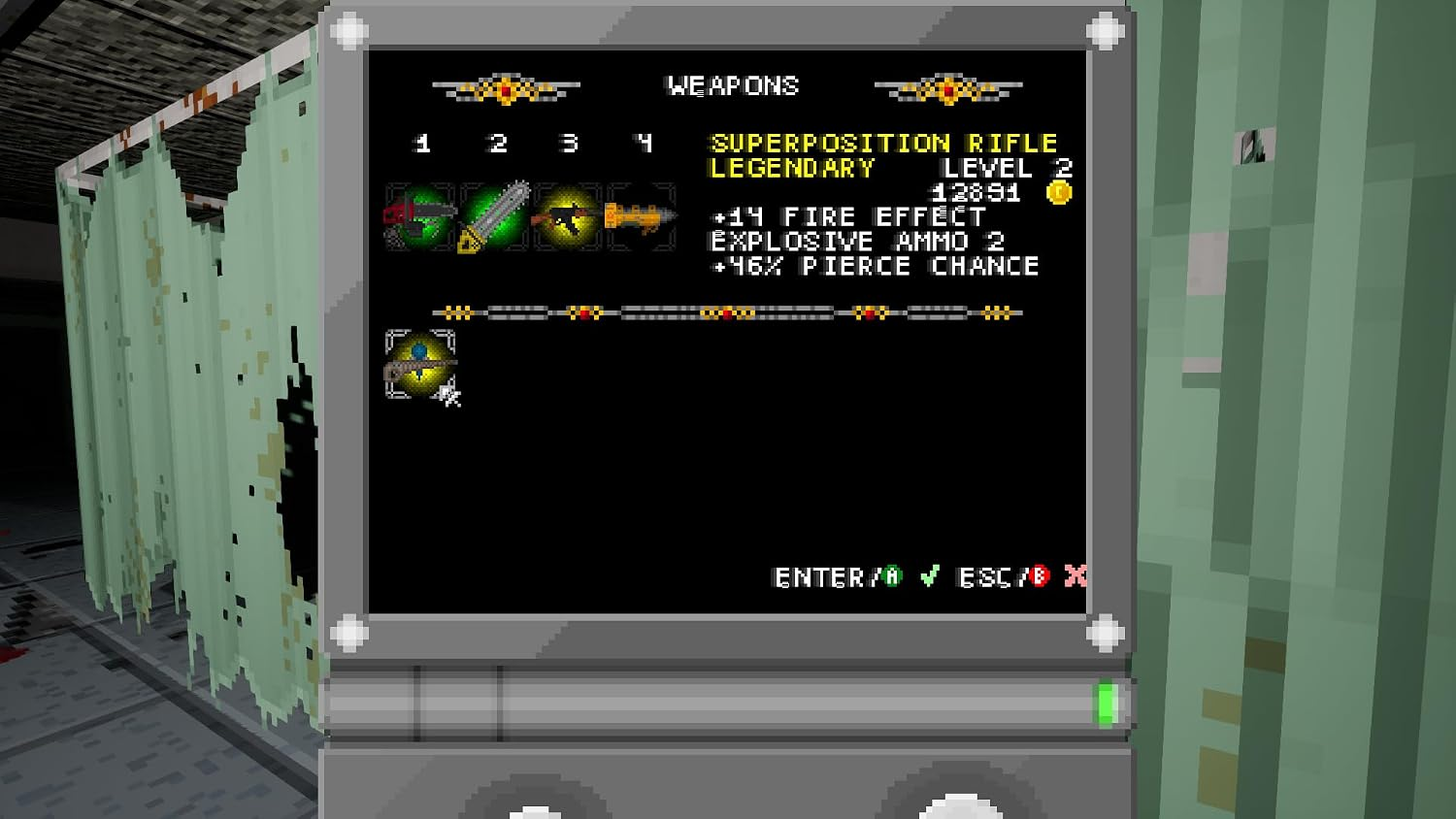 Menú de juego en pixel art con estadísticas de armas y fondo verde.