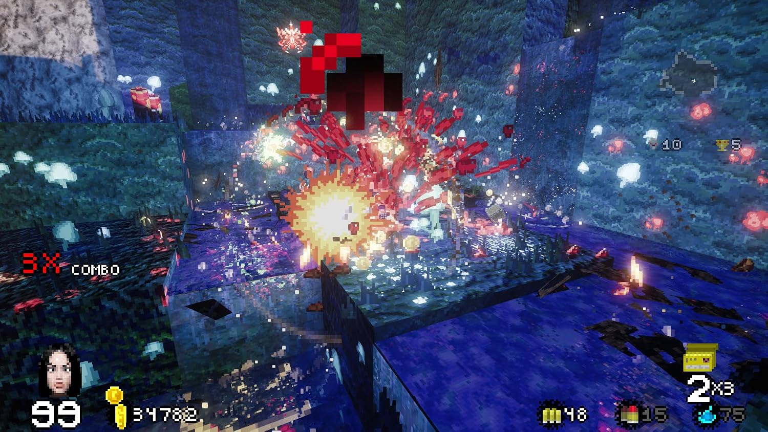 Escena de videojuego pixelada con coloridas explosiones y elementos de interfaz en una cueva azul.