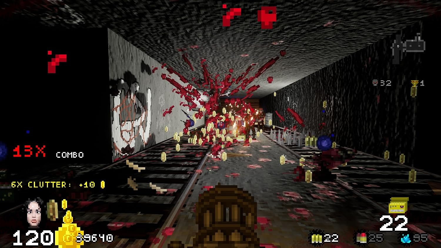 Dis shooter en primera persona pixelado, sangrienta escena de metro con grafitis, elementos HUD visibles.