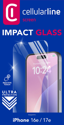 Protector de pantalla Cellularline Impact Glass para iPhone 16e/17e sobre fondo azul con logos.
