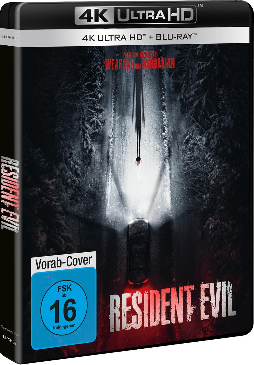 Resident Evil 4K Ultra HD und Blu-ray Hülle mit Auto auf verschneiter Straße im Wald und FSK-16-Logo.