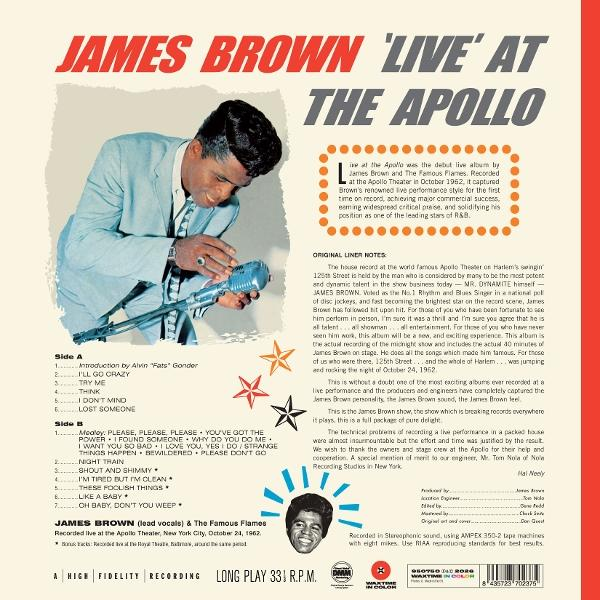 Albumhülle für James Brown Live at the Apollo mit Tracklist und einer Abbildung des Sängers mit Mikrofon.