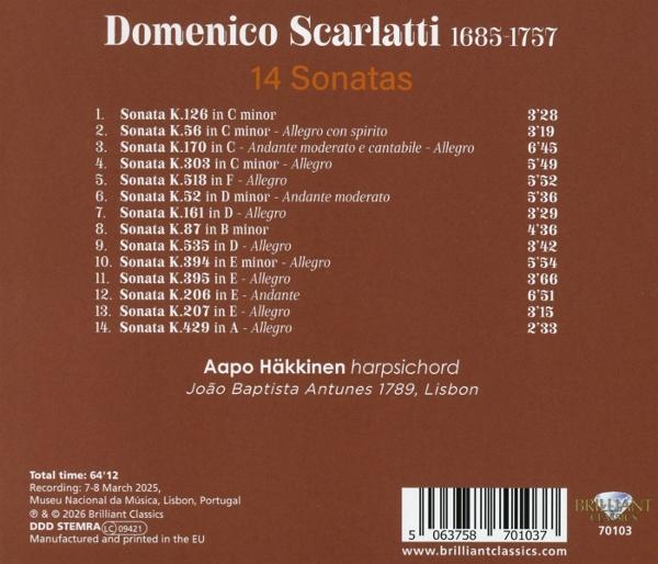 Rückseite einer CD mit Domenico Scarlattis 14 Sonaten, gespielt von Aapo Häkkinen auf dem Cembalo.