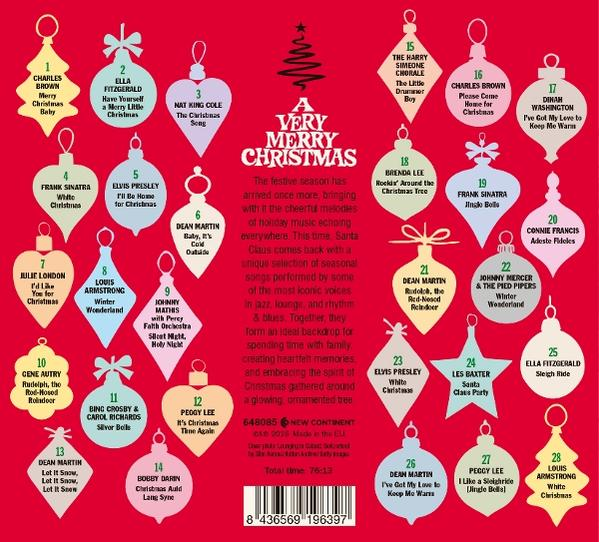 Rotes Weihnachtsalbum-Cover mit bunten Ornamenten und Liedtiteln.