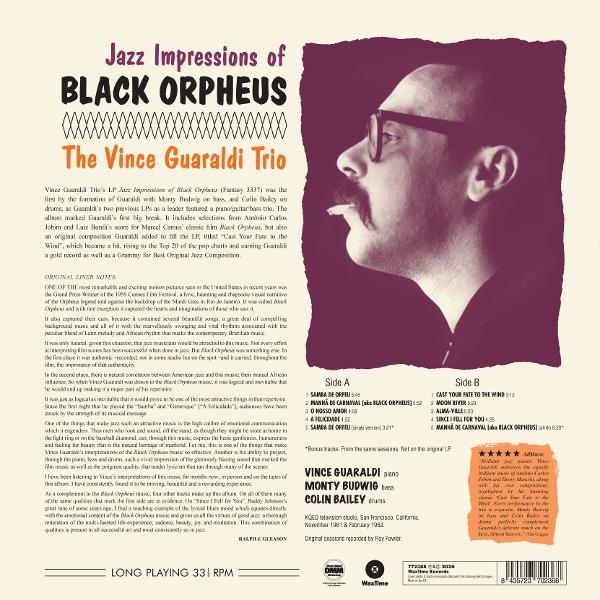 Rückseite des Jazz-Albums mit Text, Tracklists, Besetzung und einem Porträtfoto von Vince Guaraldi in Profilansicht.