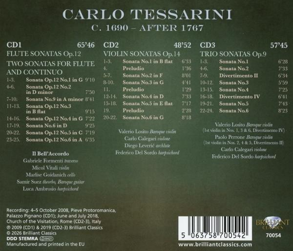 Rückseite einer Musik-CD mit Trackliste für Carlo Tessarini Sonaten auf grünem Hintergrund.