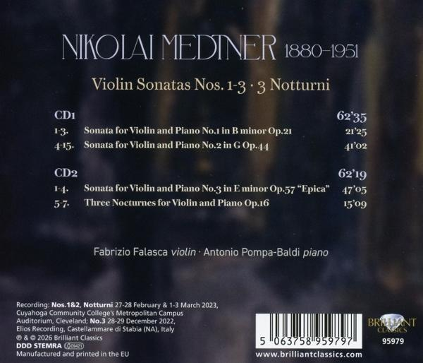 Rückseite einer CD mit Trackliste für Nikolai Medtner Violin Sonatas, gespielt von Falasca und Pompa-Baldi.