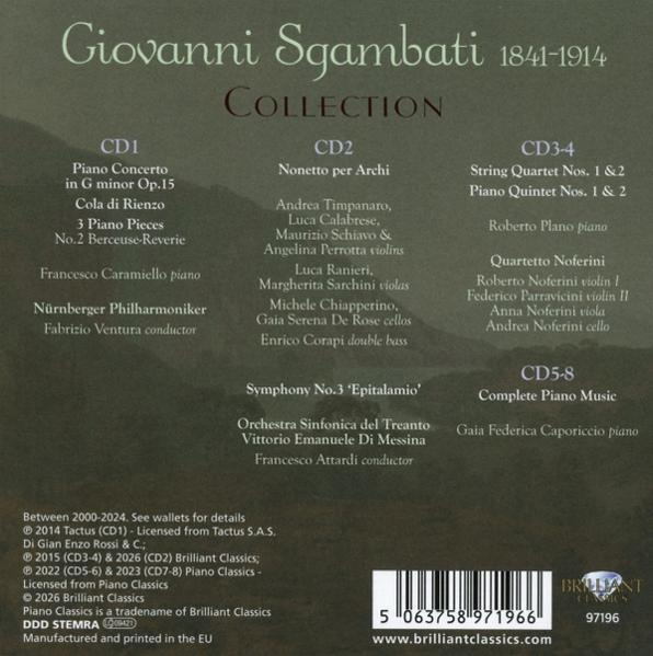 Rückseite der CD-Hülle der Giovanni Sgambati Collection mit Tracklist, Künstlern und Barcode.