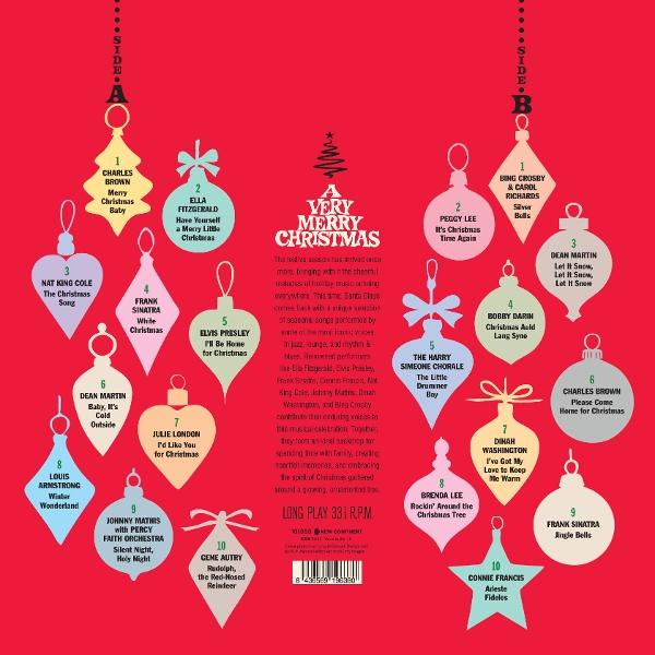 Rotes Weihnachtsalbum-Cover mit bunten, wie Weihnachtskugeln geformten Songlisten.
