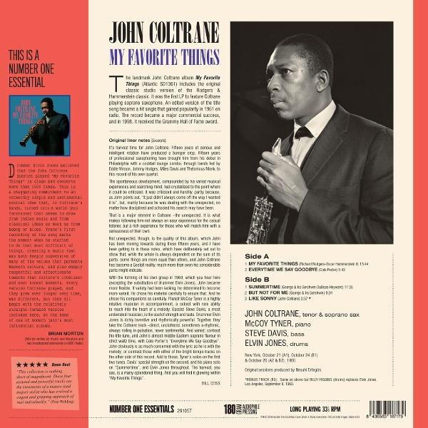 Albumrückseite mit einem Schwarz-Weiß-Foto von John Coltrane mit Saxophon, Linernotes und Trackliste.
