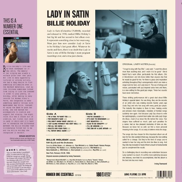 Albumcover mit Text, Billie Holiday Fotos, Tracklist für Lady in Satin.