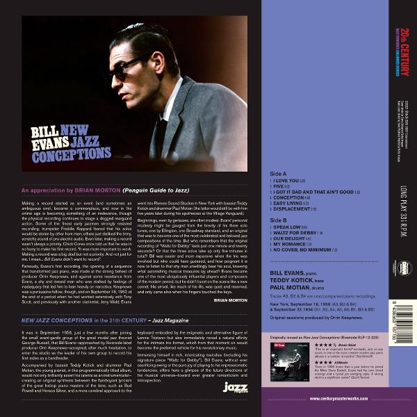 CD-Cover von Bill Evans New Jazz Conceptions mit Porträtfoto, Trackliste und Texten auf blau-schwarzem Hintergrund.