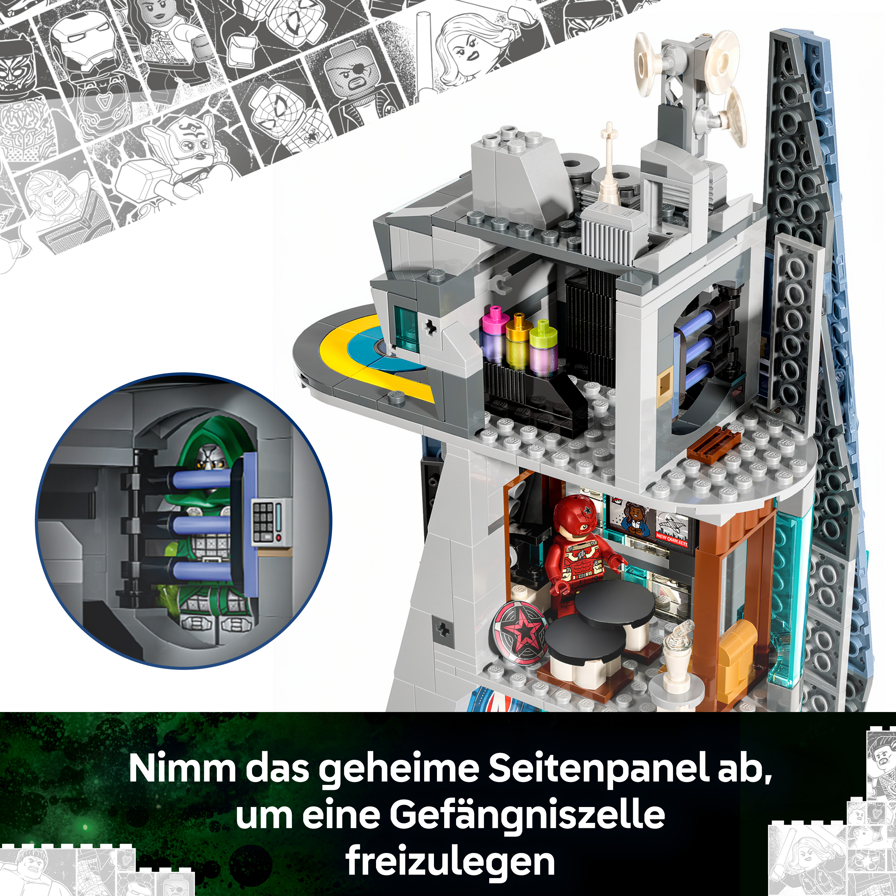 Lego-Turm mit Räumen und einer Gefängniszelle, in der eine Figur sitzt.