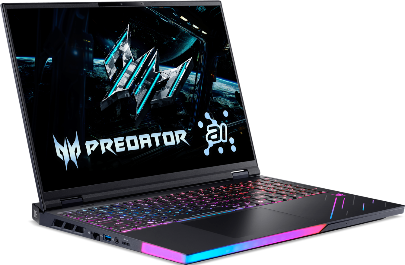Ordinateur portable de jeu Acer Predator avec clavier rétroéclairé, logo IA et fond d'écran Predator.