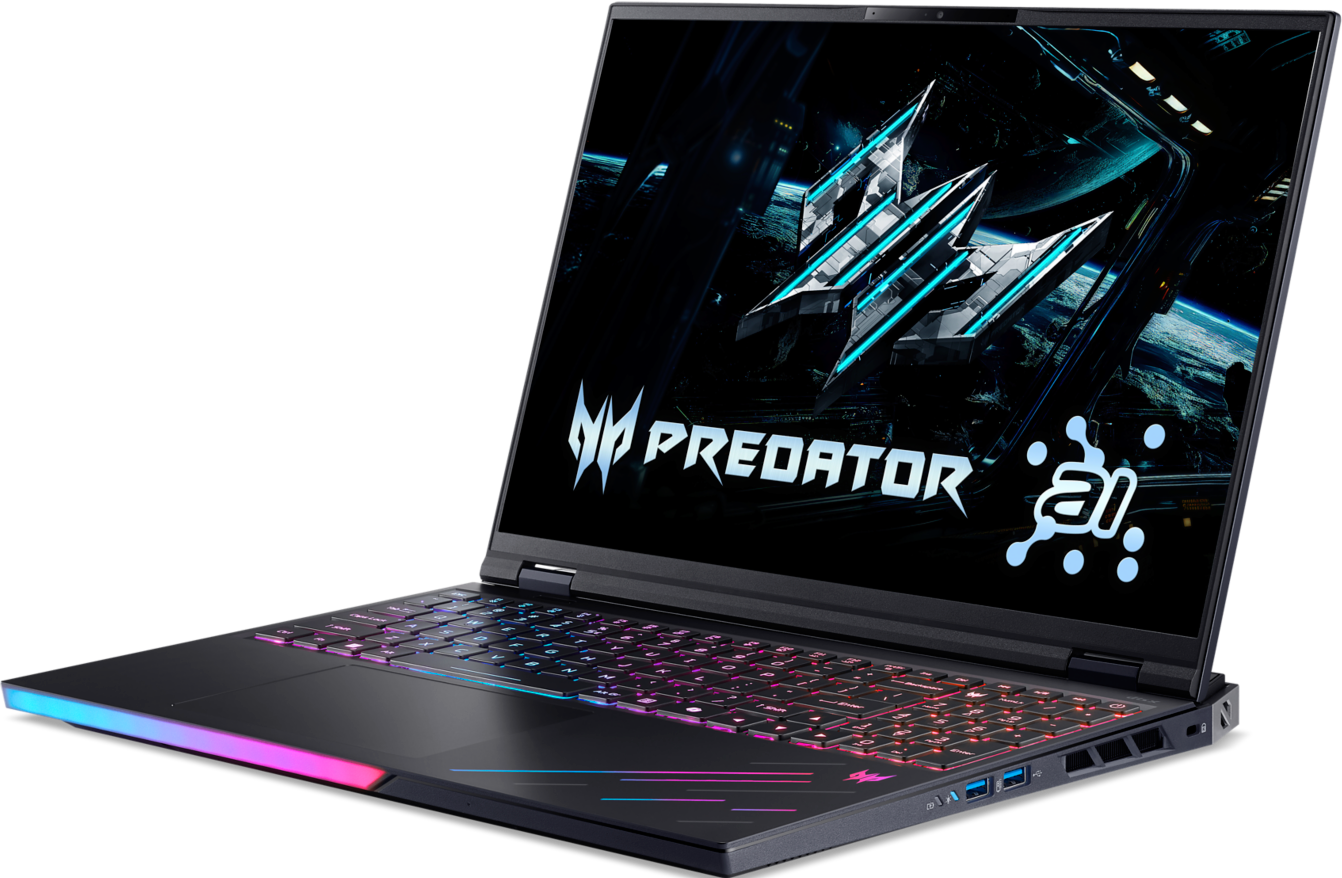 Un ordinateur portable de jeu noir avec clavier rétroéclairé coloré et logo Predator à l'écran.