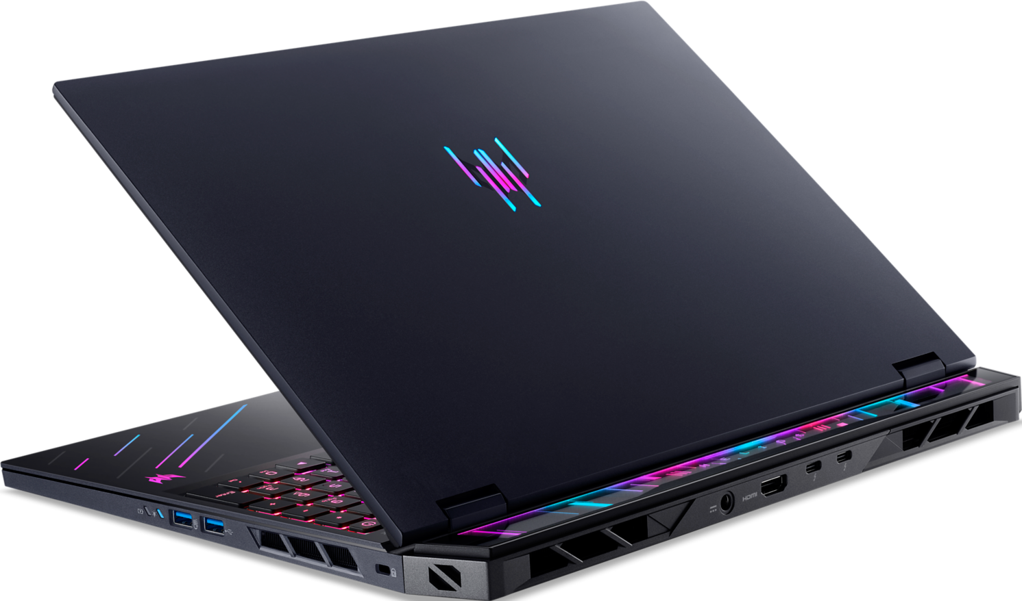 Un ordinateur portable de jeu noir avec un rétroéclairage RVB coloré sur le couvercle et les évents.