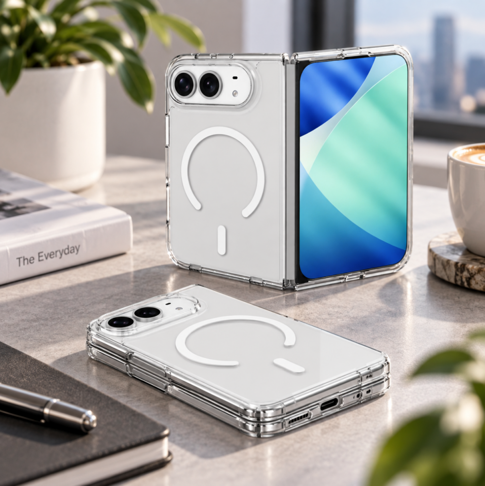 Két összehajtható okostelefon átlátszó tokkal és MagSafe gyűrűvel az íróasztalon.