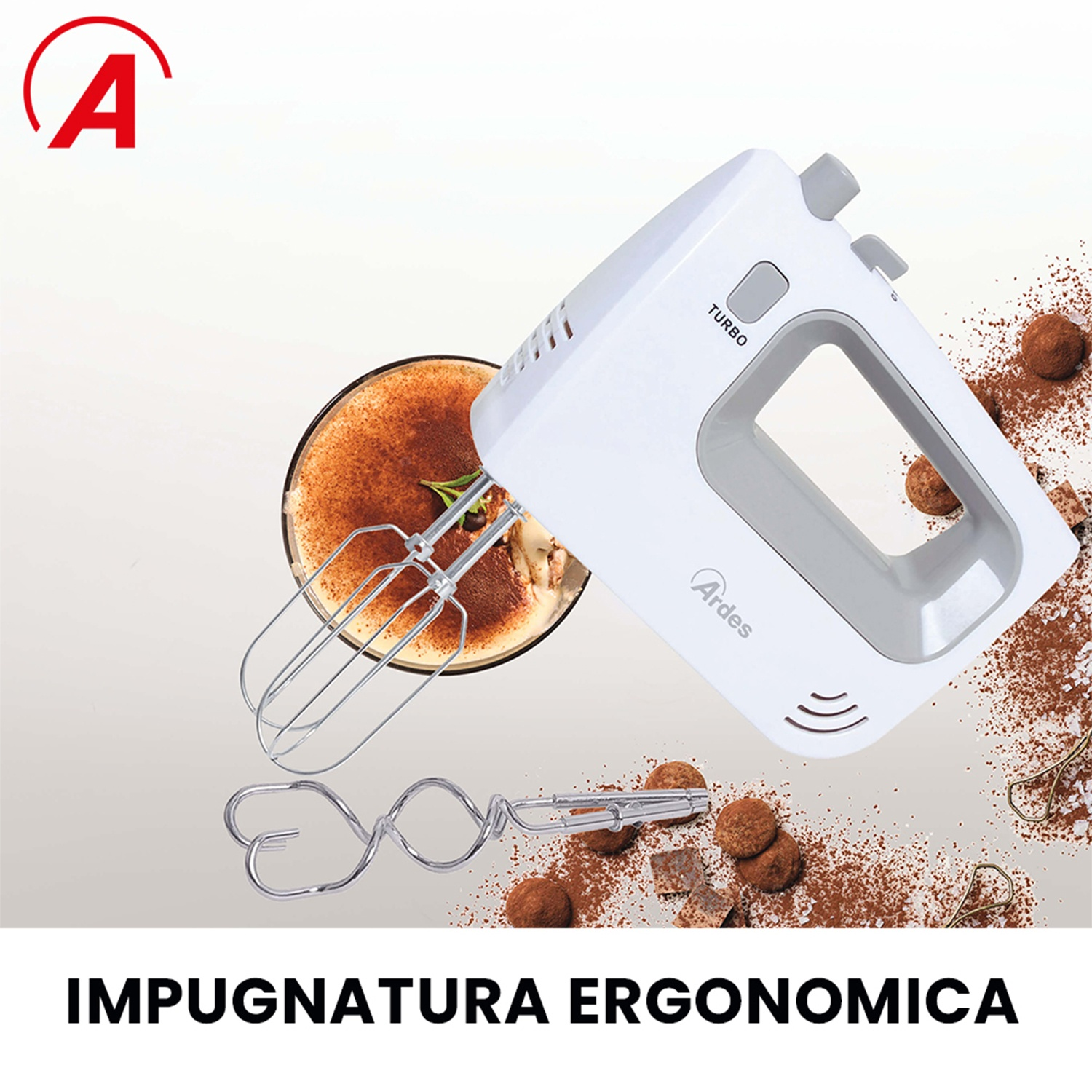 Un sbattitore elettrico Ardes bianco con accessori e cioccolato su sfondo beige.