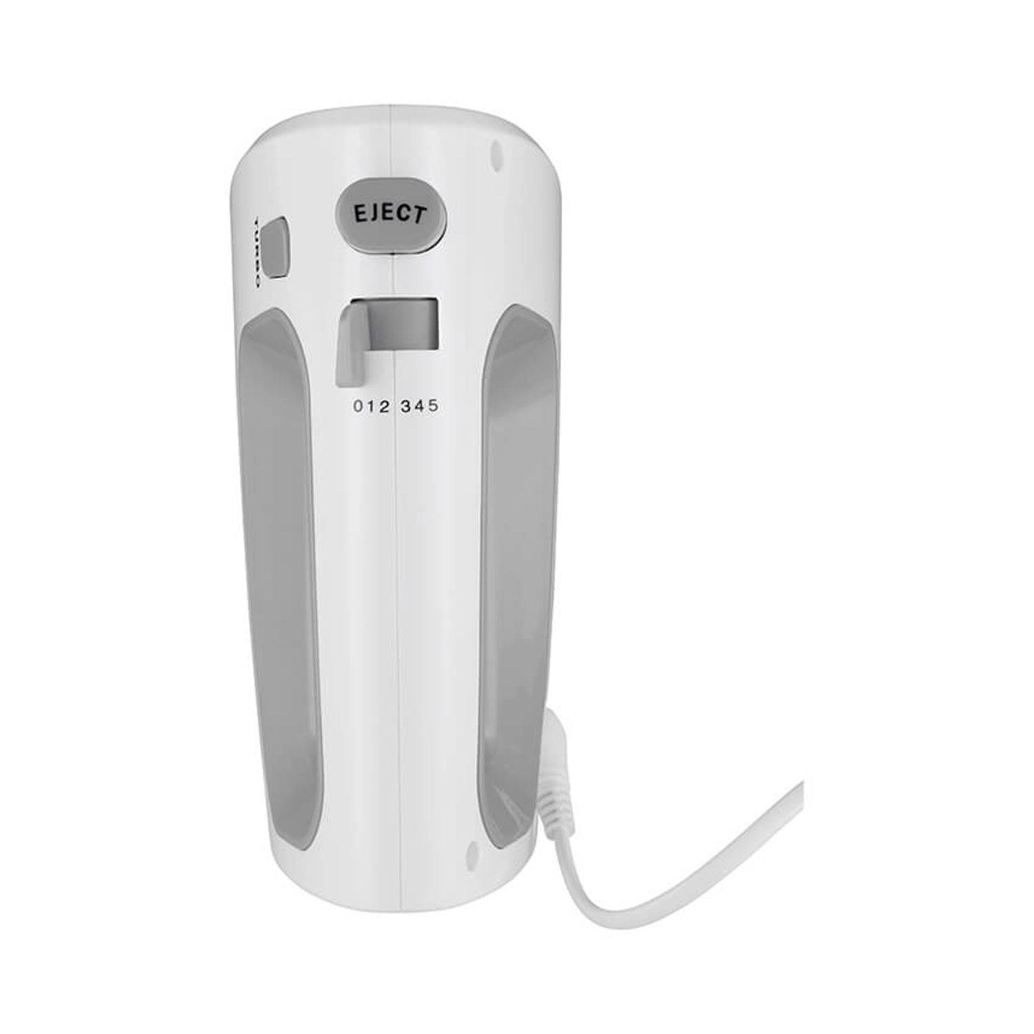 Un mixer a mano bianco con dettagli grigi, un pulsante di espulsione e selettore.