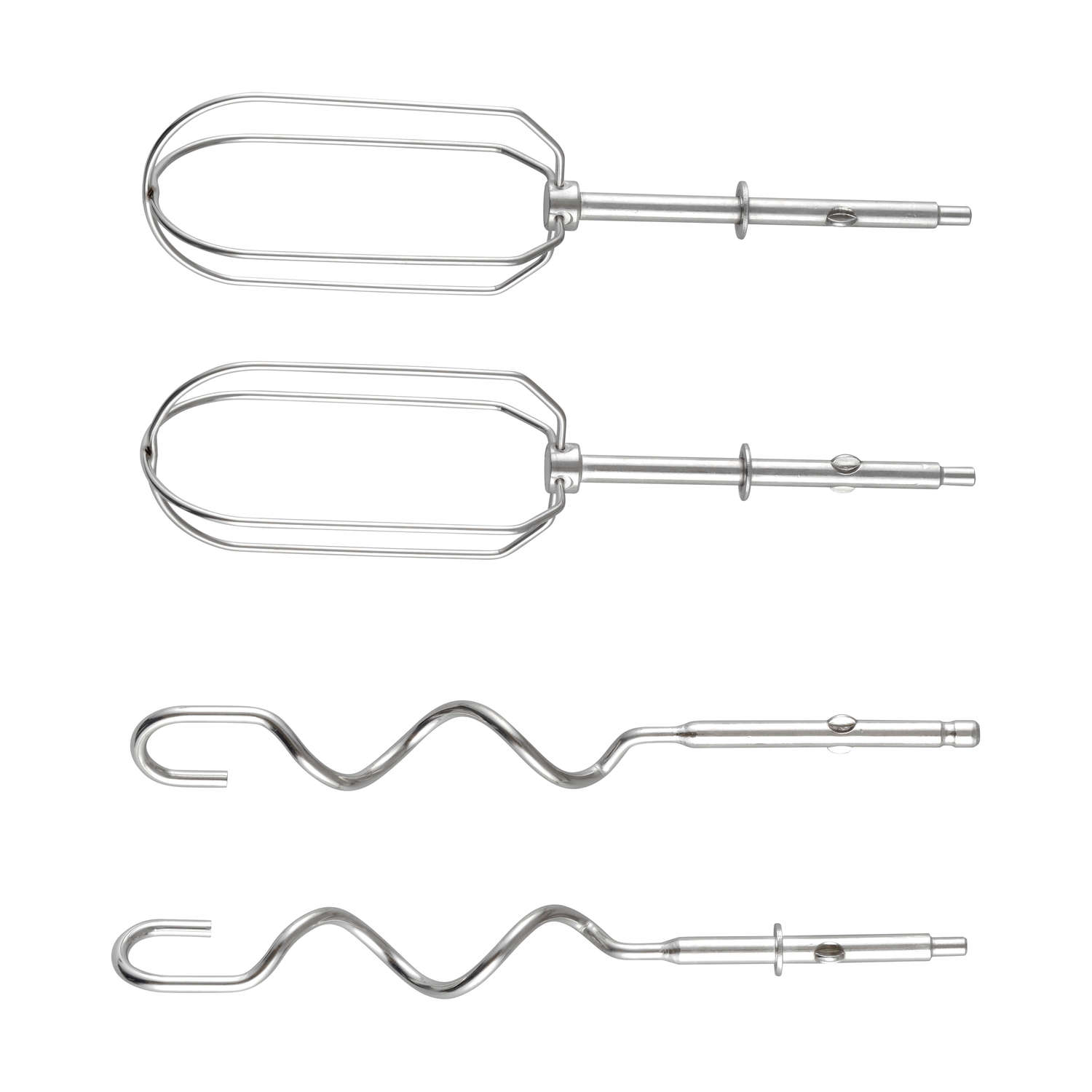 Quattro accessori per sbattitore in acciaio inossidabile argentato, incluse due fruste e due ganci, su sfondo bianco.