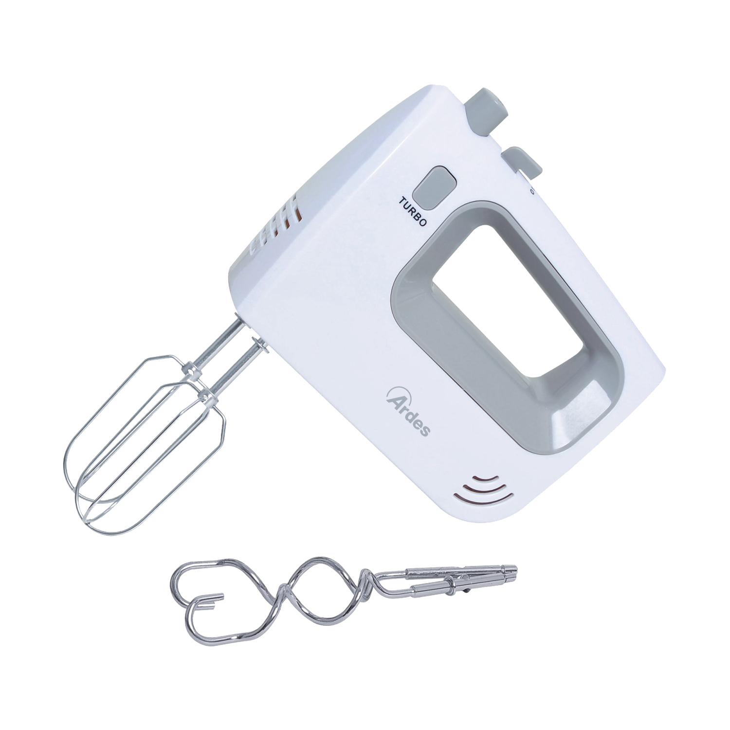 Sbattitore elettrico bianco Ardes con impugnatura grigia, due fruste inserite e un gancio per impastare separato su sfondo bianco.