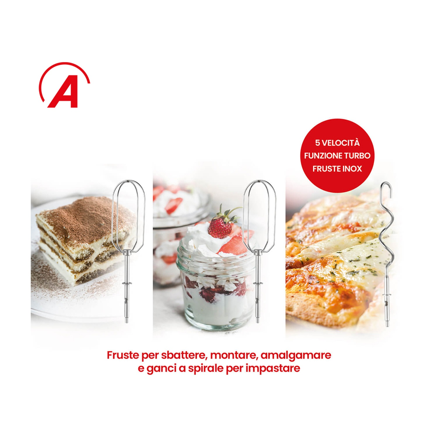 Accessori per frusta con immagini di tiramisù, dessert alle fragole e pizza, e testo.
