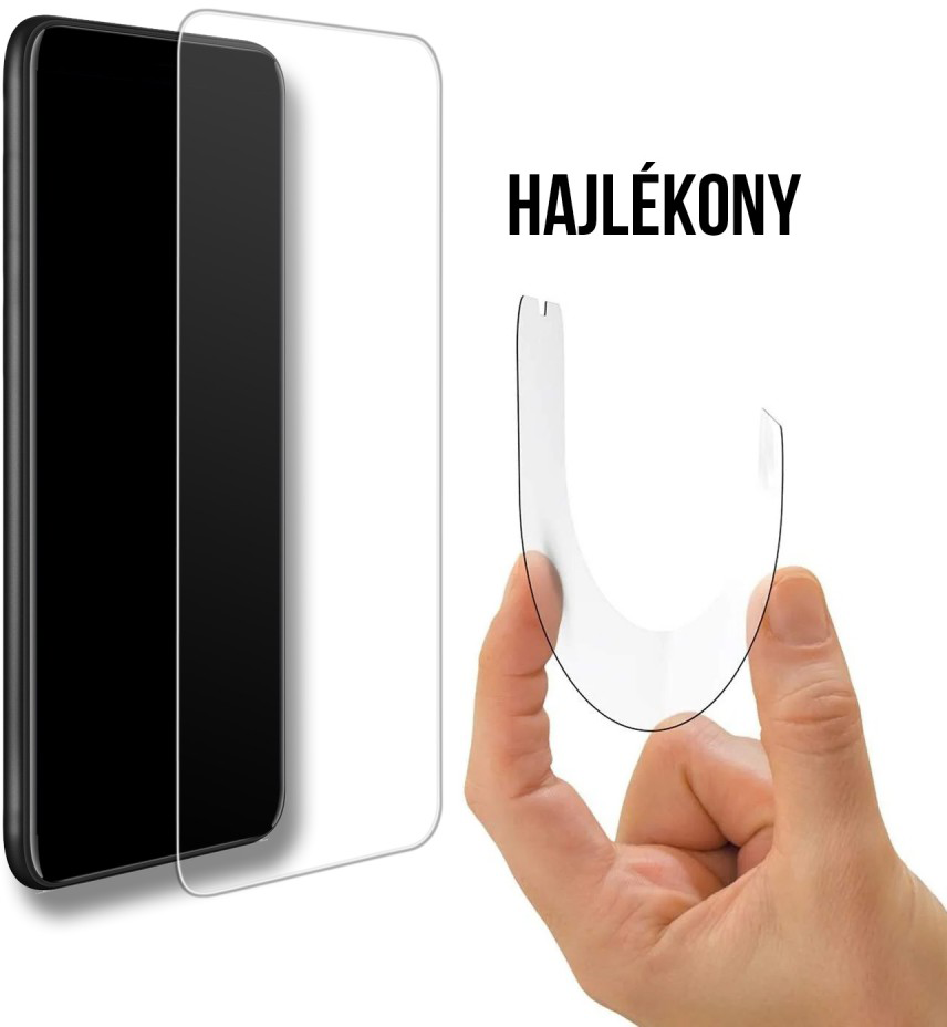 Telefon rugalmas képernyővédő fóliával, amelyet kéz tart, és a "HAJLÉKONY" felirat.