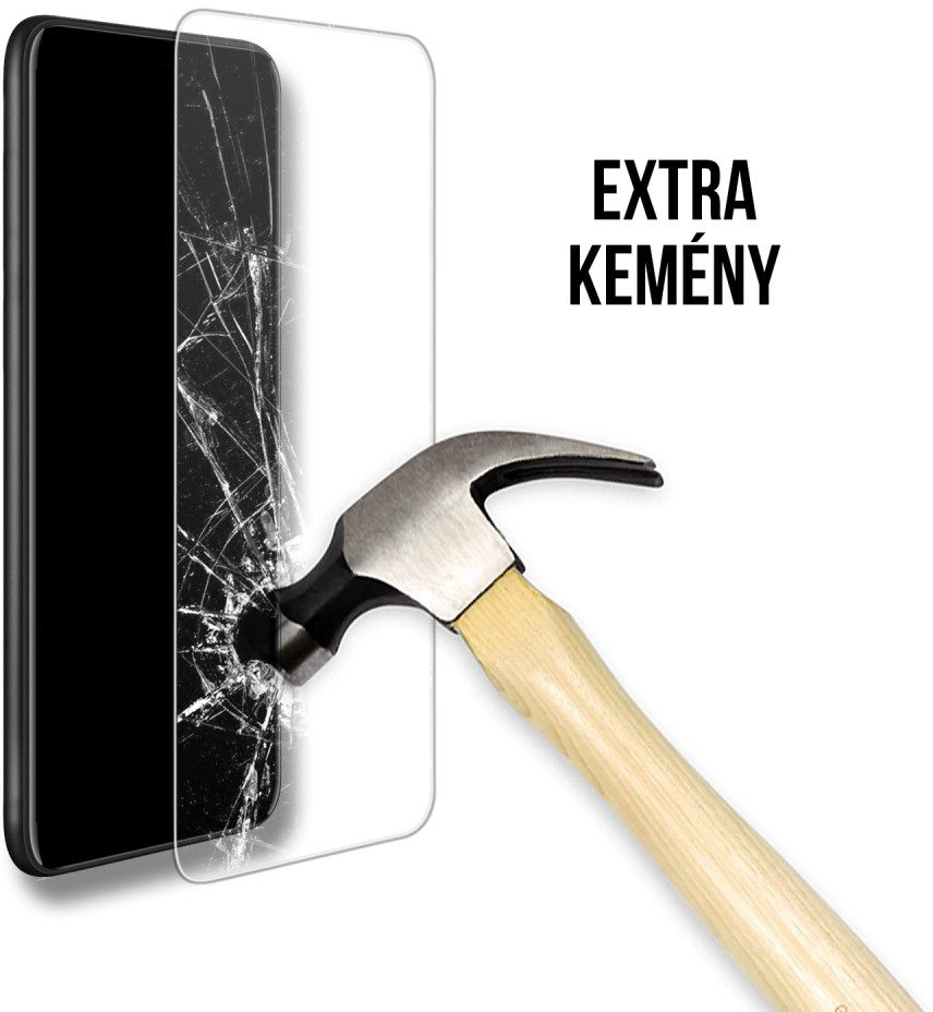 Egy kalapács üt egy kijelzővédőt egy sérült okostelefon előtt. Extra Kemény felirat.
