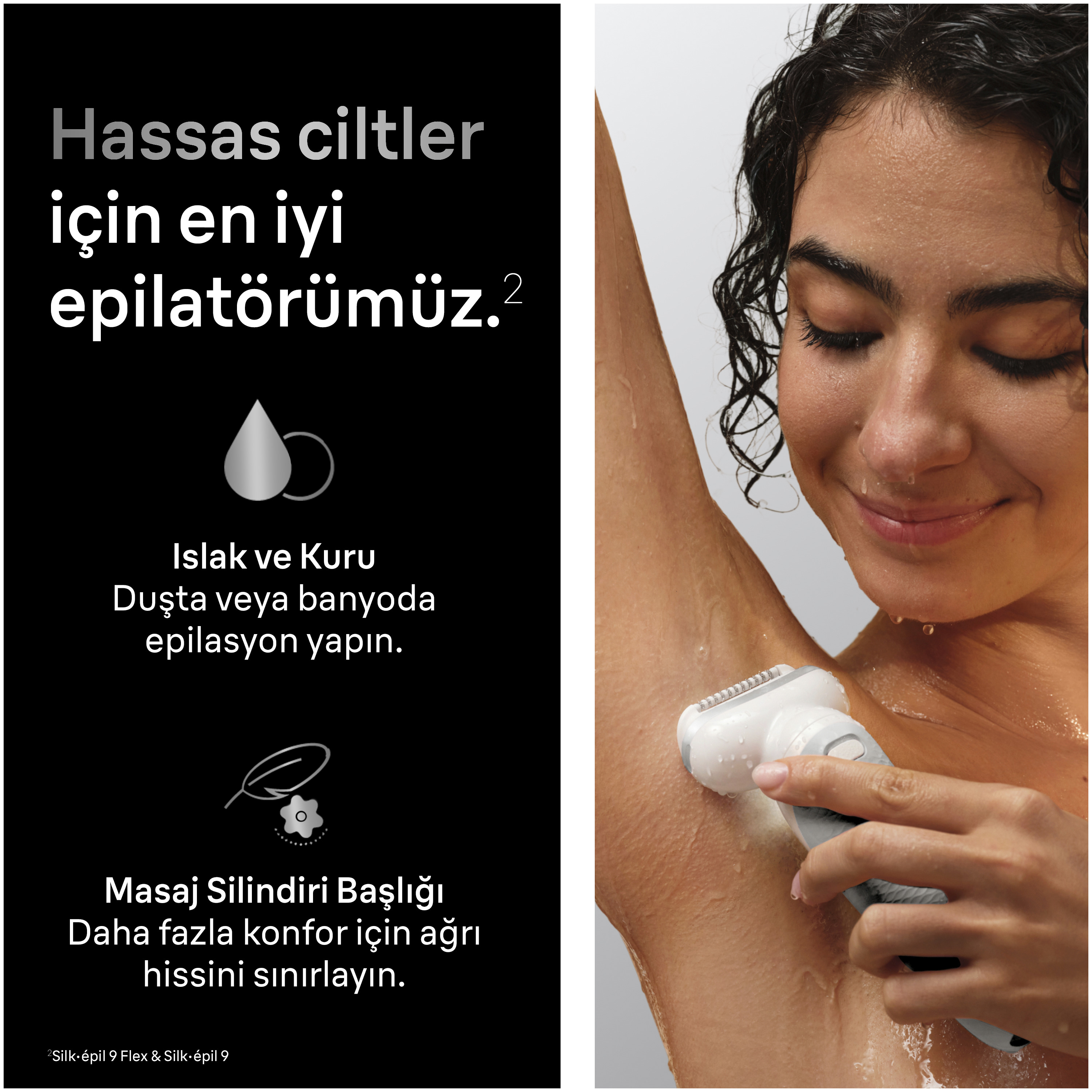 Bir kadın duşta beyaz bir epilatör kullanıyor.