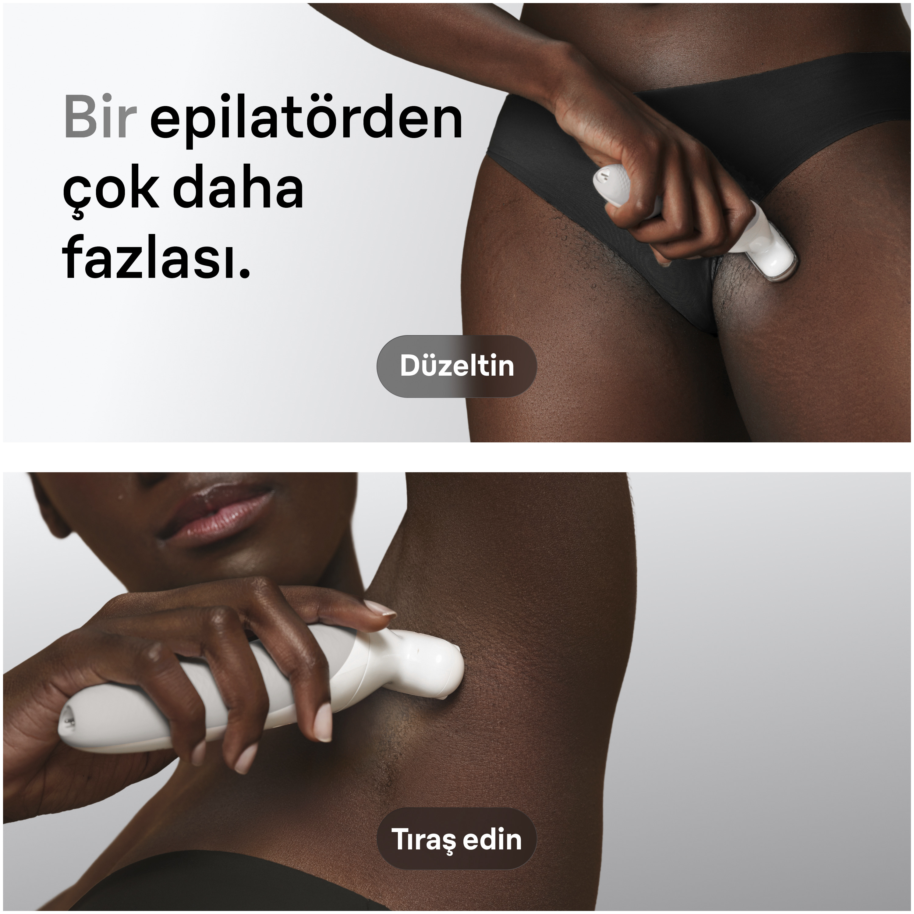Bir kişi iki tanıtım görselinde vücuduna beyaz bir epilatör uyguluyor.