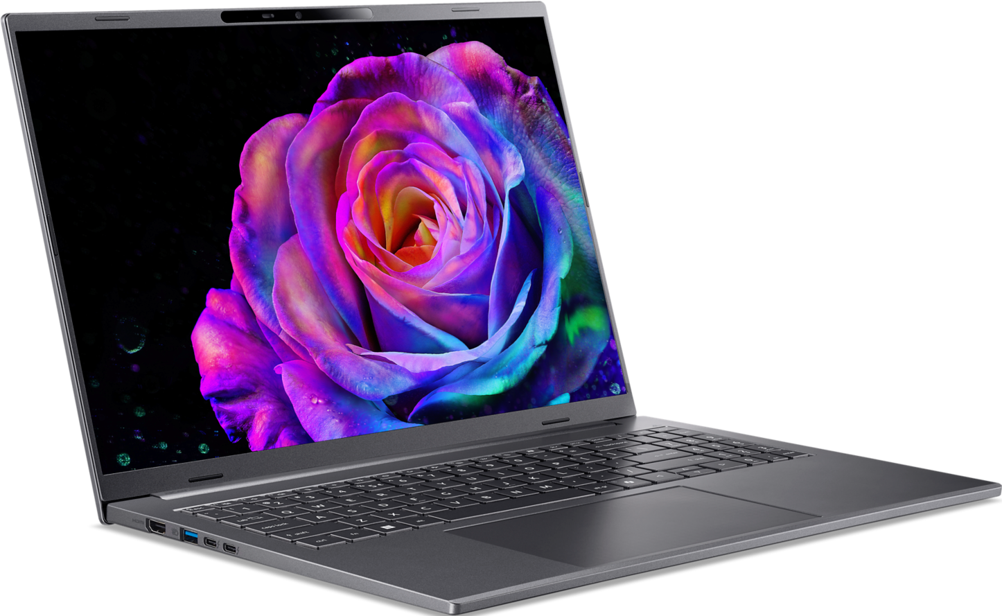 Ein grauer Laptop mit einer farbenfrohen, regenbogenfarbenen Rose als Bildschirmhintergrund auf schwarzem Hintergrund.