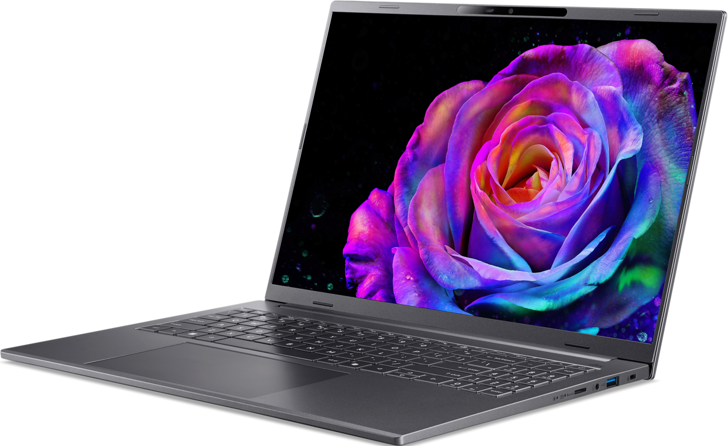 Ein grauer Laptop auf schwarzem Hintergrund zeigt ein Display mit einer bunten Rose.