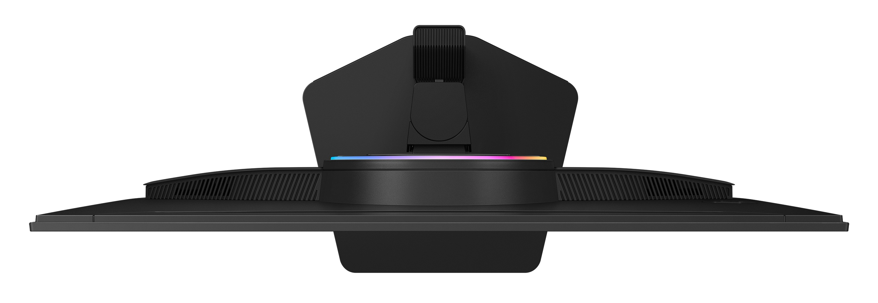 Widok z tyłu czarnego monitora z oświetleniem RGB na podstawce na białym tle.