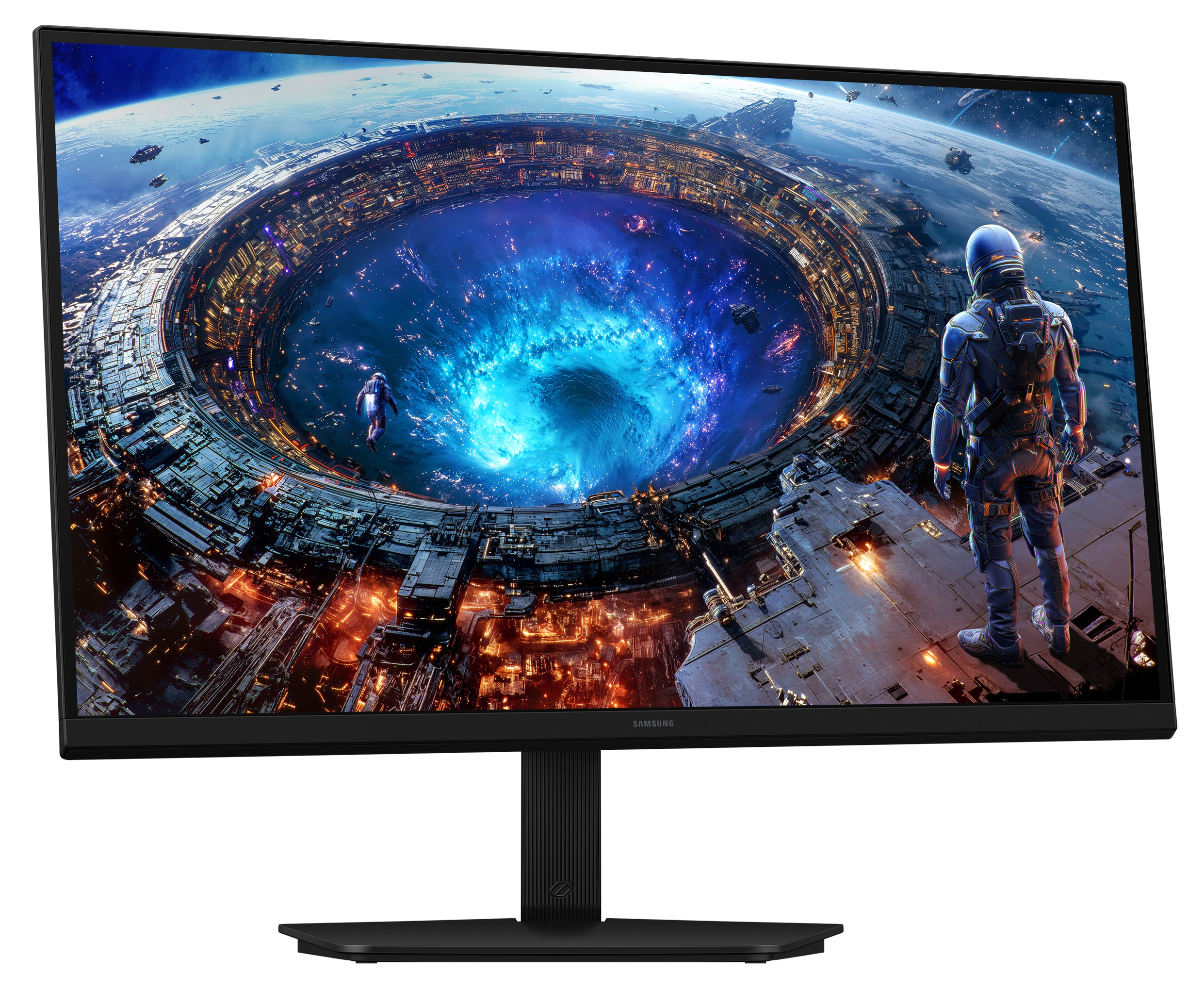 Czarny monitor Samsung wyświetla stację kosmiczną sci-fi z astronautami i wirującą niebieską przestrzeń.