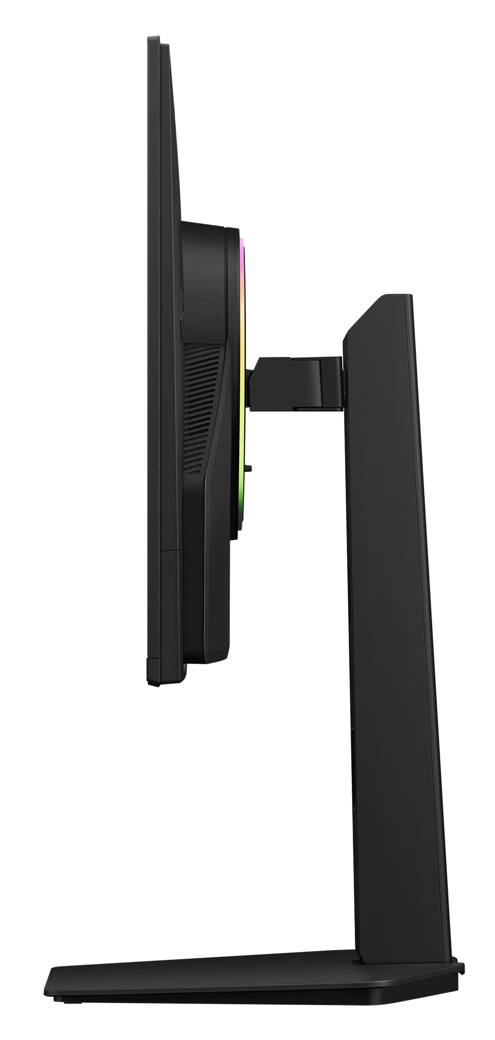 Widok z boku czarnego monitora komputerowego na stojaku z pierścieniem RGB z tyłu na białym tle.